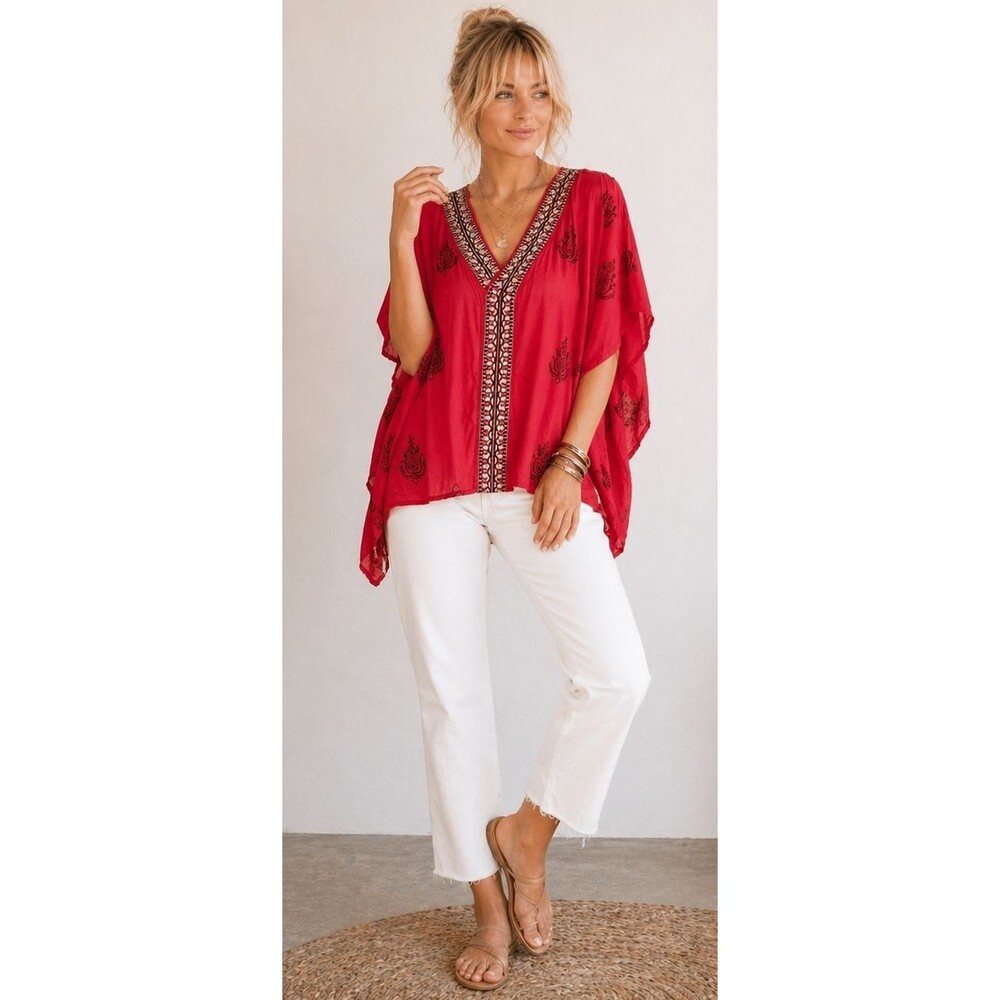 Chico's S M 8 10 Cinnabar Mirror Ribbon Trim Cotton Gauze Tunic Top